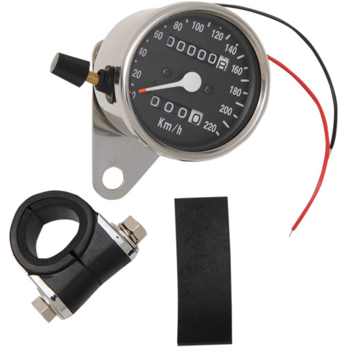 Drag Specialties - 2.4" KPH Mini LED Mechanical Speedometer/Indicators/Trip - Chrome Housing - Black Face - 2:1