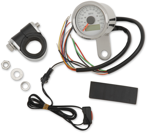 Programmable Speedometer with Indicator Lights - Stainless Steel - 120 MPH LED White Face - 1-7/8"