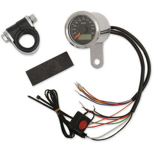 Drag Specialties - Mini Programmable Speedometer with Indicator Lights - Stainless Steel - KPH - Black Face