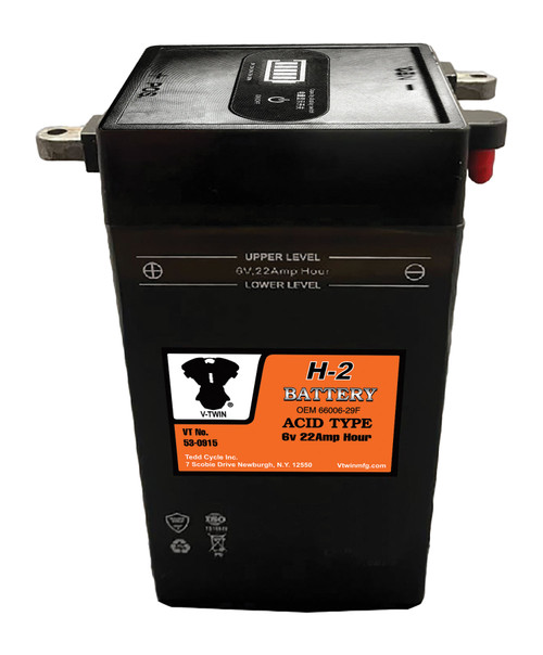 V-Twin #HVTH-2 - H-2 6 Volt 22 Amp Battery with Vent Tube
