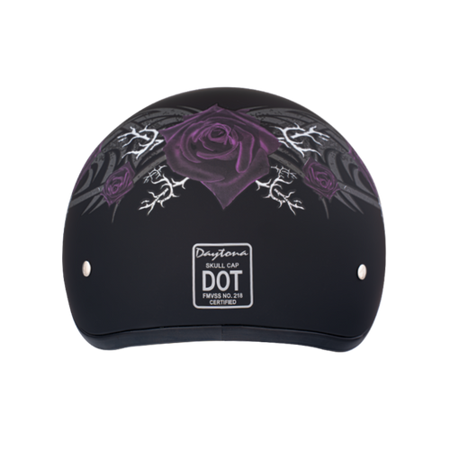 DOT Approved Daytona Motorcycle Half Face Helmet - Skull Cap Graphics for Men & Women, Scooters, ATVs, UTVs & Choppers - W/ Purple Rose