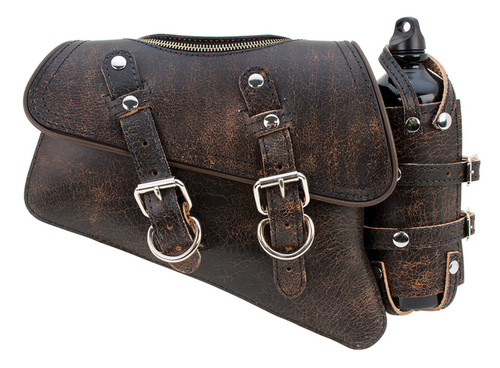 La Rosa Design Black Brown  Leather Zipper Left Swing Arm Solo SaddleBag W/Bottle For Harley Sportster