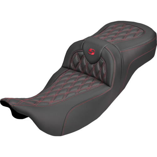 Saddlemen #808-07B-20704 - Extended Reach Roadsofa™ Carbon Fiber Seat - Lattice - Red Stitch - Without Backrest - FL '08-'25