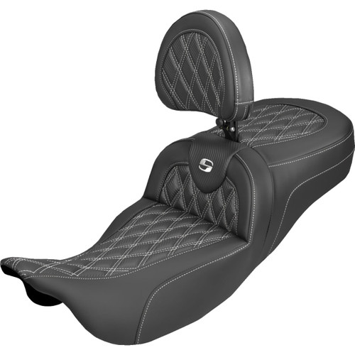 Saddlemen #808-07B-207B6 - Extended Reach Roadsofa™ Carbon Fiber Seat - Lattice - White Stitch - With Backrest - FL '08-'25
