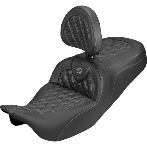 Saddlemen #808-07B-206B2 - Roadsofa™ Carbon Fiber Seat - Lattice - Gray Stitch - With Backrest - FLH/FLT '08-'25