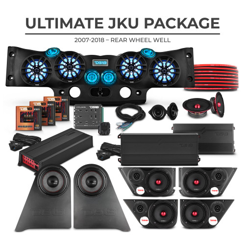 DS18 ULTIMATE JKU PACKAGE - Rear Wheel - Jeep JKU 2007-2018 Ultimate Package – Loaded Sound Bar, Door Panels, Rear Wheel Subwoofers & Amplifiers