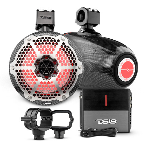 DS18 BRO-CLPX/BK + CF-X8TPNEO + ION700.2D - Bronco 6th Gen Roll Bar Audio Bundle – 8" Marine Tower Speakers with RGB LED Lights, OEM Roll Bar Mounting Clamps & Amplifier
