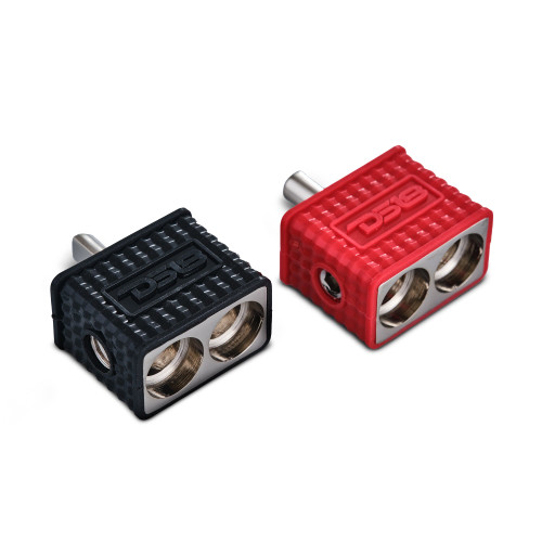 DS18 PID0/4 - Dual 1/0-GA to 1/4-GA Amp Input Reducers with Offset Stub and Silicone Cover - BLACK/RED