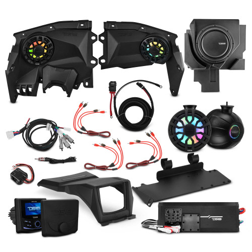 DS18 CAN-AM X3 Package Stage 4 - Can-Am Maverick X3 Stage 4 - Dash Speaker Panels, 8" Tower Speakers, 12” Subwoofer, Amplifier, Bluetooth Radio & LED Lights