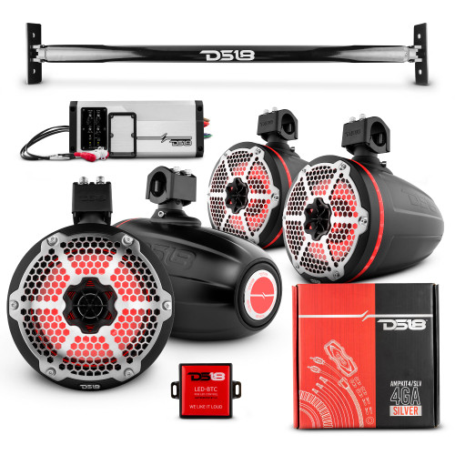 DS18 JL-TUBEPKGWH/BK - JL-TUBE 4x 8" Marine Towers Speakers with RGB LED Lights, 4-Channel Marine Amplifier and AMPKIT for Jeep JL