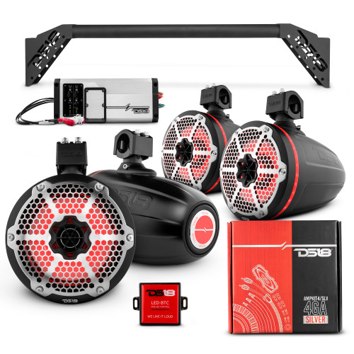 DS18 JL-TUBEUPPKGBK/RD - JL-TUBEUP 4x 8" Marine Towers Speakers with RGB LED Lights, 4-Channel Marine Amplifier and AMPKIT for Jeep JLU