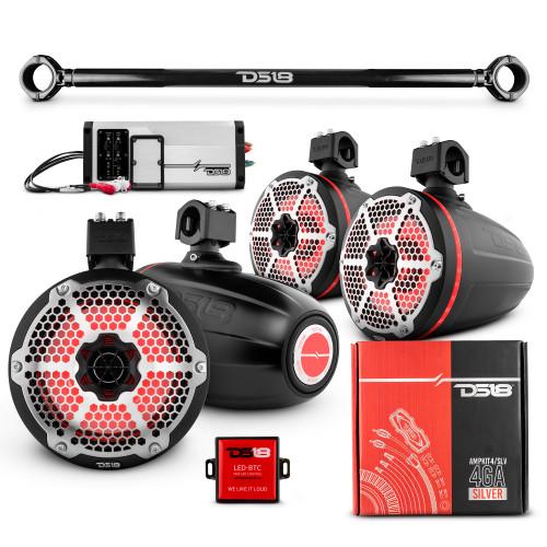 DS18 JK-TUBEPKGBK/CF - JK-TUBE 4x 8" Marine Towers Speakers with RGB LED Lights, 4-Channel Marine Amplifier and AMPKIT for Jeep JK/JKU