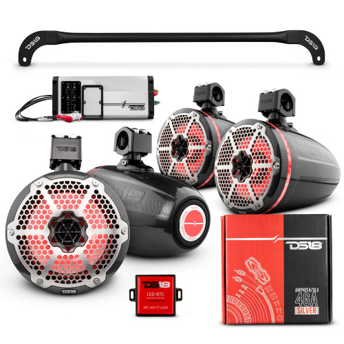 DS18 JL-TUBESOFTPKGWH - JL-TUBESOFT 4x 8" Marine Towers Speakers with RGB LED Lights, 4-Channel Marine Amplifier and AMPKIT for JLU Soft Top