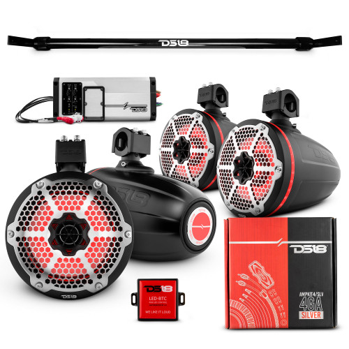 DS18 JT-TUBEPKGRD - JT-TUBE 4x 8" Marine Towers Speakers with RGB LED Lights, 4-Channel Marine Amplifier and AMPKIT for Jeep JT Gladiator