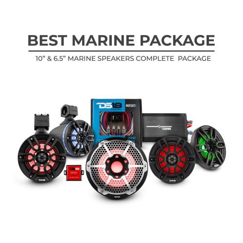 DS18 Best Marine Package - DS18 Best Marine Stereo Subwoofer Package  1 x 10” Subwoofer | 2 x 6.5” Speaker Tower | 2 x 6.5” Marine Speaker | 1 x 5 Ch Amplifier | 1 x MOFCKIT4 and 1 x LED-BTC