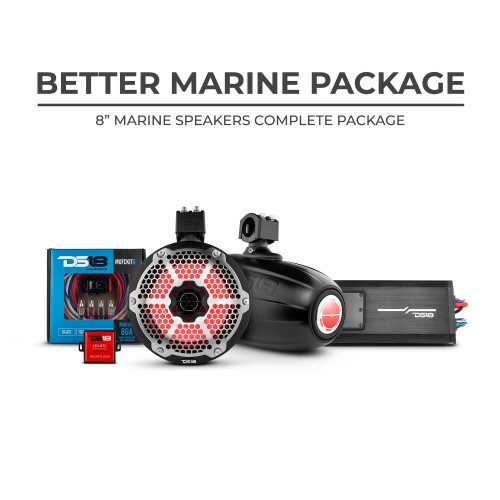 DS18 Better Marine Package - DS18 Better Marine Stereo Package 2 x 8” Speaker Tower | 1 x 2 Ch Amplifier | 1 x MOFCKIT8 and 1 x LED-BTC