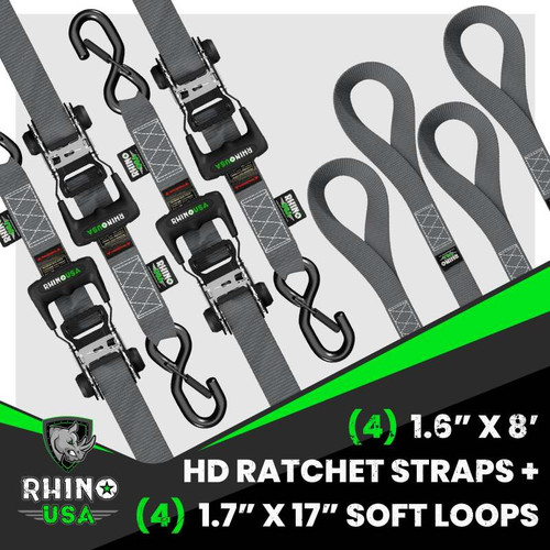 Rhino USA HDKIT-4PK-GRY Rhino USA Heavy Duty Ratchet Tie-Down 4-Pack (Gray) 1.6In X 8Ft