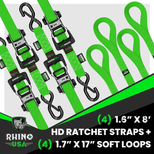 Rhino USA HDKIT-4PK-GRN Rhino USA Heavy Duty Ratchet Tie-Down 4-Pack (Green) 1.6In X 8Ft