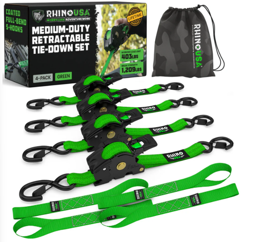 Rhino USA TD-RSRE1X10-GRN-R Rhino USA Retractable Ratchet Straps (4Pk 1Inx10Ft) (Green)