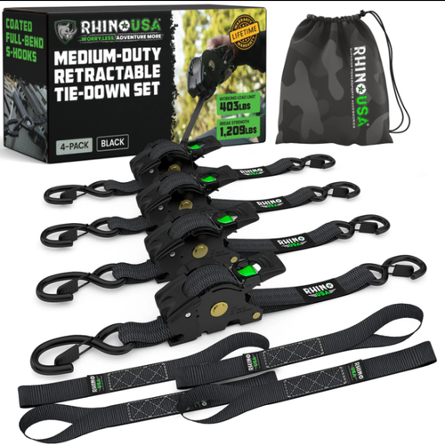 Rhino USA TD-RSRE1X10-2BLK Rhino USA Retractable Ratchet Straps (2Pk 1Inx10Ft) Black