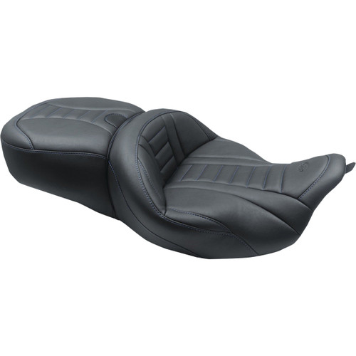 Mustang #79006SB - One-Piece Deluxe Touring Seat - Black w/ Sky Blue Stitching - FL '08-'25