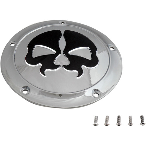 Drag Specialties - Derby Cover - Split Skull - 5 Hole - Chrome w/Black Skull - '15-'25 Harley-Davidson