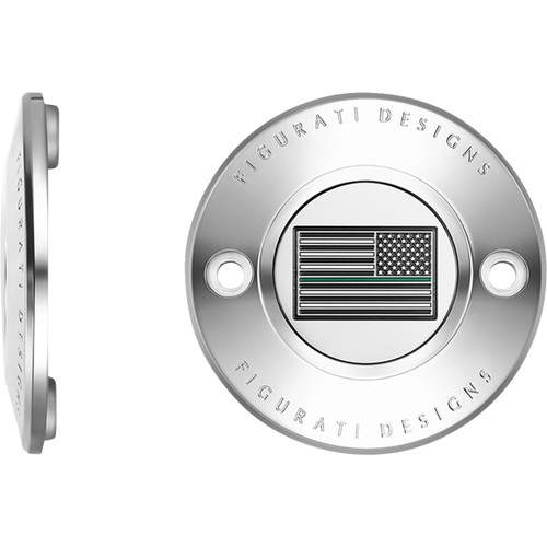 Figurati Designs #FD72-TC-2H-SS - Timing Cover - 2 Hole - Green Line American Flag - Stainless Steel