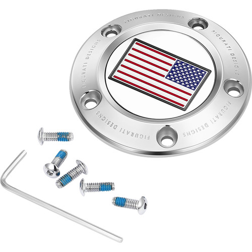 Figurati Designs #FD20-TC-5H-SS - Timing Cover - 5 Hole - American Flag - Reversed - Stainless Steel