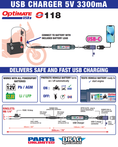 Tecmate Battery to USB-C Charger with SAE