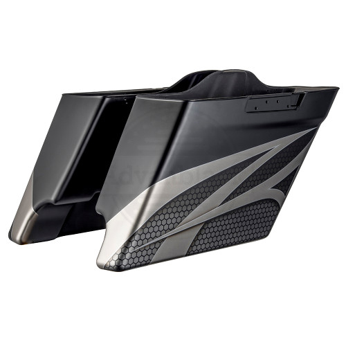 Advanblack Dual Cutout Ravager Series Silver Airbrushed Denim Black Stretched Extended Saddlebag Bottoms for Harley Davidson 2014+ Touring