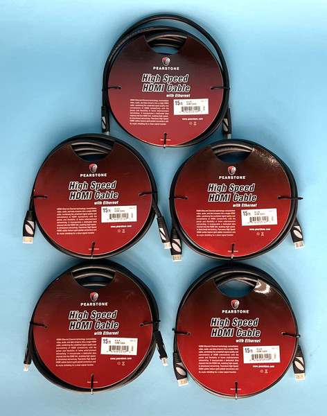LOT OF 5 PEARSTONE HDA-115 HDMI CABLES: with ethernet, 15’ (New)