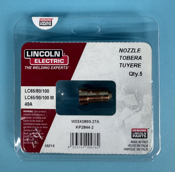 LINCOLN ELECTRIC KP2844-2 WELDING NOZZLE: 5pk, lc65/80/100 M, 40a (New)