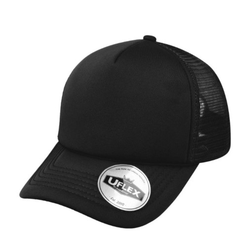 Black UFlex Kiddies 5 Panel Curved Peak Trucker Cap by Mr-Cap delivering across South Africa