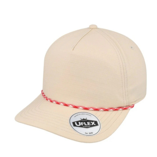 UFlex 5 Panel Snapback Cap with Rope Detail - Stone/Red, Mr Cap