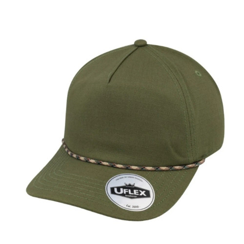 UFlex 5 Panel Snapback Cap with Rope Detail - Olive/Camo, Mr Cap