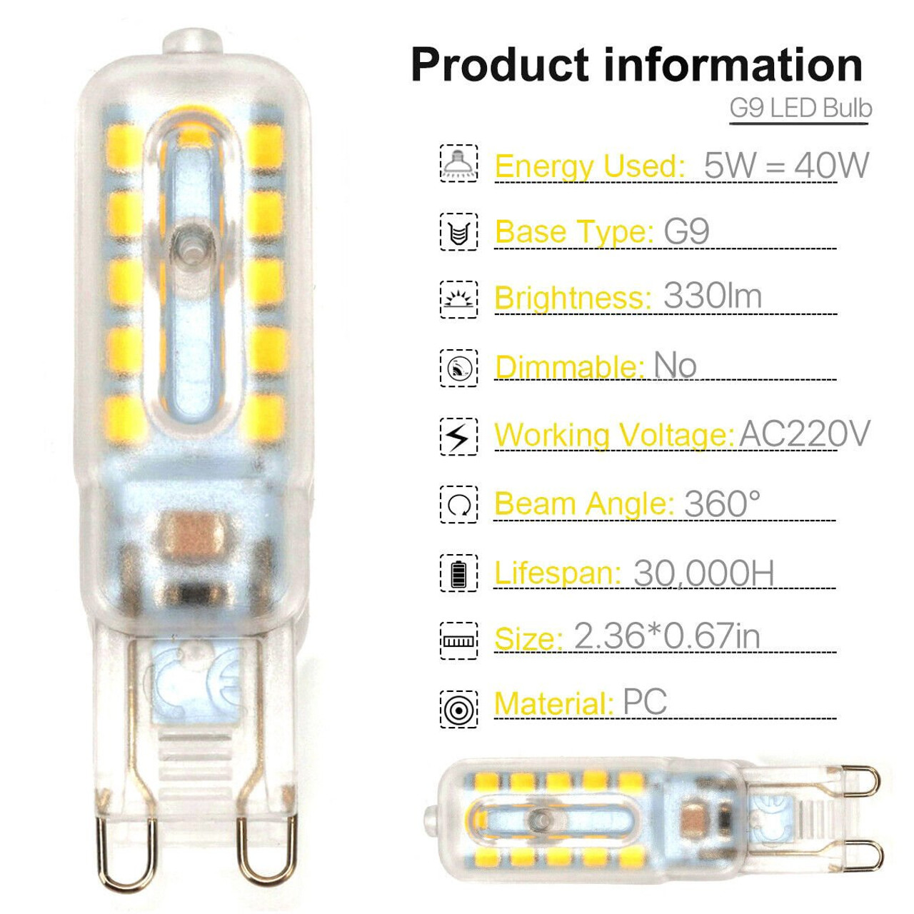 2 Pack | G9 LED Light Bulbs Non-Dimmable Warm White 3000K for Landscape Ceiling - Battery Mate