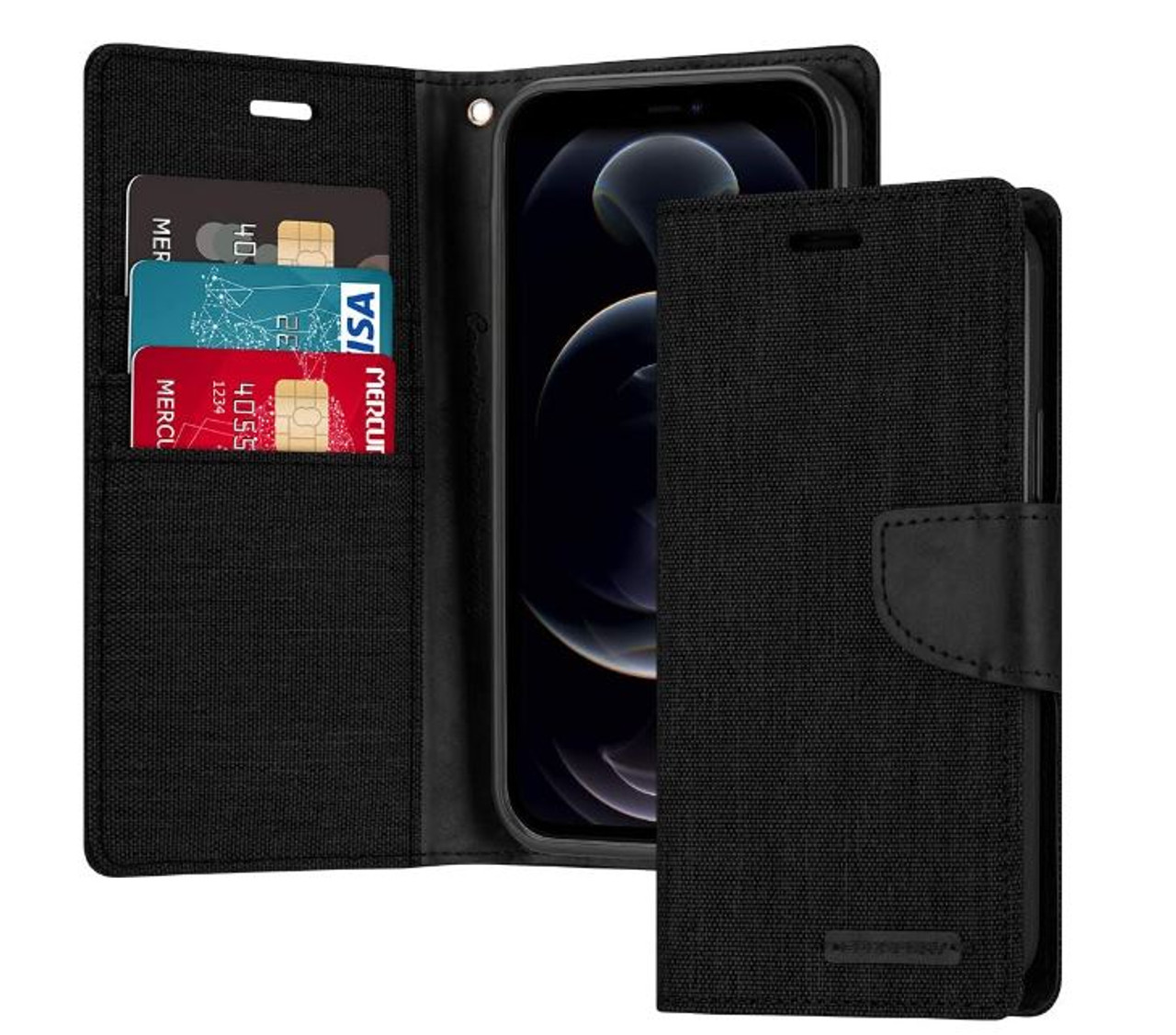 For iPhone X Wallet Flip Denim Case Cover | Black - Battery Mate