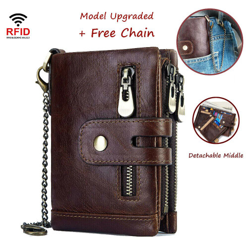 Men's RFID Blocking Wallet Leather Purse Card Slots Coins Holder Chain - Battery Mate