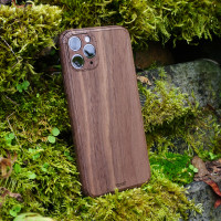 Toast iPhone 11  Pro wood cover in walnut, lifestyle.