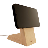 Toast stand for Apple MageSafe Charger in maple, horizontal mounting.