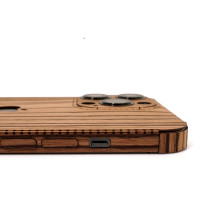 Detail of the real wood Toast iPhone 13 Pro wood cover in zebrawood.