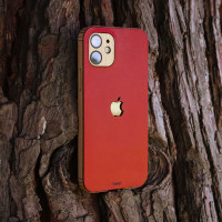 Genuine leather and wood case for iPhone 14, mini, 14 Pro, and 14 Pro Max.   Pictures in cherry red with maple side wraps.