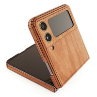 Z Flip4 wood cover in lyptus with full depth camera cover to protect the lenses and screen.