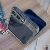 Z Flip5 wood cover in ebony with full depth camera cover to protect the lenses and screen.