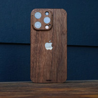 iPhone 15 Pro wood cover in walnut with full depth camera cover to protect the lenses.