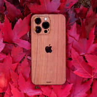 Toast iPhone 15 Pro wood cover in lyptus, amongst the Fall leaves.