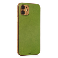 Toast combo leather and wood case for iPhone 14, 14 Plus, 14 Pro, 14 Pro Max, in green leather with zebrawood sides.