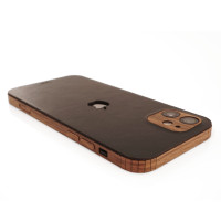 Toast leather and wood combo cover for iPhone 14, Plus, 14 Pro, and 14 Pro Max, in black full grain leather and walnut wood sides.