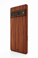 Wooden cover for Google Pixel 8 Pro smartphone, shown in rosewood with ebony visor.