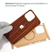 Toast wood iPhone 16 cover with the optional MagSafe magnets, assembly photo showing two layers of wood with magnets embedded.  This greatly increases the holding power for car mounts and other MagSafe accessories. Toast wood iPhone 16 cover with the optional MagSafe magnets, assembly photo showing two layers of wood with magnets embedded.  This greatly increases the holding power for car mounts and other MagSafe accessories.